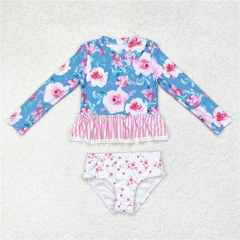 RTS S0168 Baby Girls Blue Flowers Long Sleeve Two-Piece Swimsuit Set Cute Poolside Fashion for Little Ones