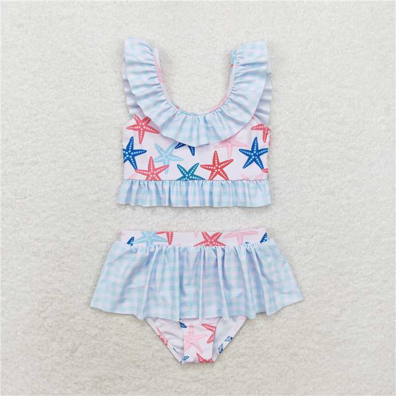 RTS S0240 Baby Girls 2pcs Star Fish Ruffle Swimsuit Set Summer Swimwear for Infants