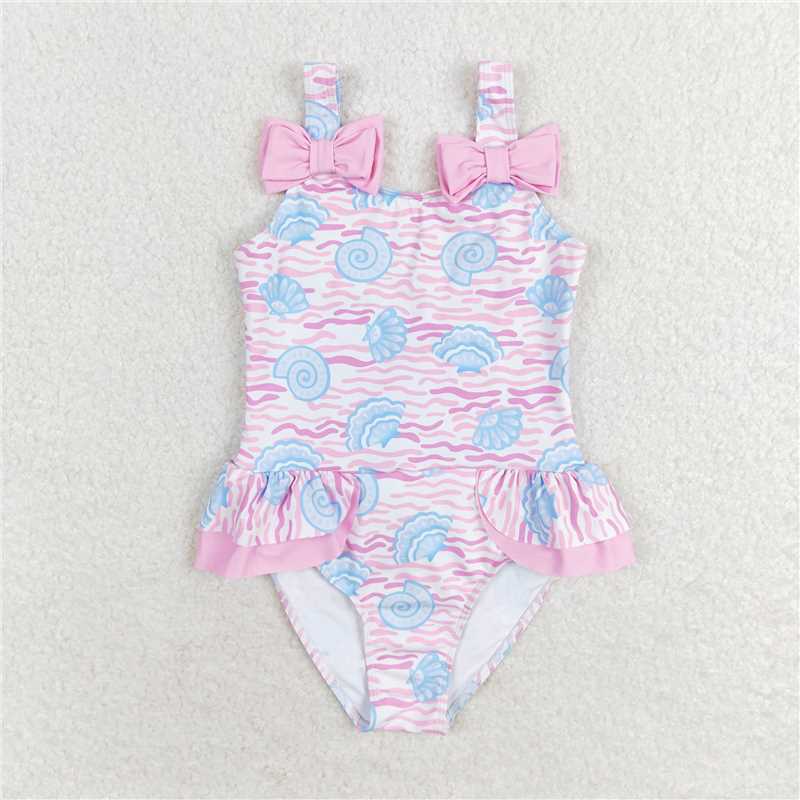 RTS S0343 Baby Girls Pink Sea Shell Ruffle One Piece Swimsuit with Bows Toddler Poolwear for Girls