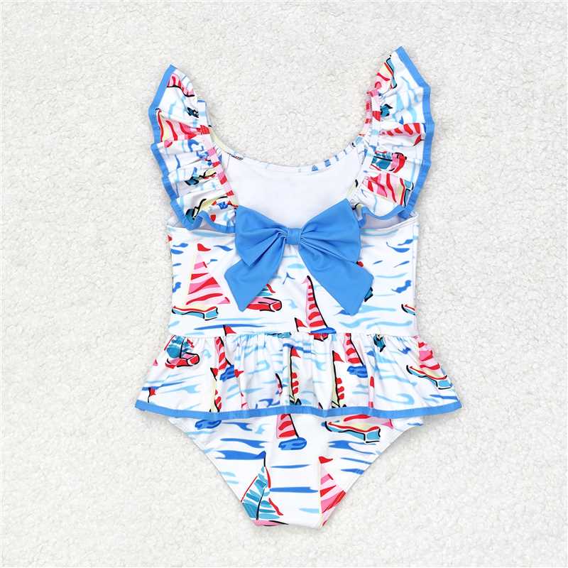 RTS S0277 Baby Girls Blue Boats Bow Swimsuit Top with Bummie Bow Accessory Toddler Swimming Outfit
