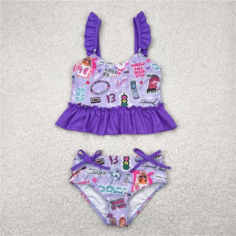 RTS S0389 Baby Girls Purple Sleeveless Ruffle Top Bummies 2pcs Swimsuit Set Singer Style Infant Swimwear for Girls