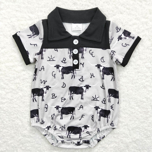 SR0220 Baby Boys Cow Western Black Short Sleeve Romper