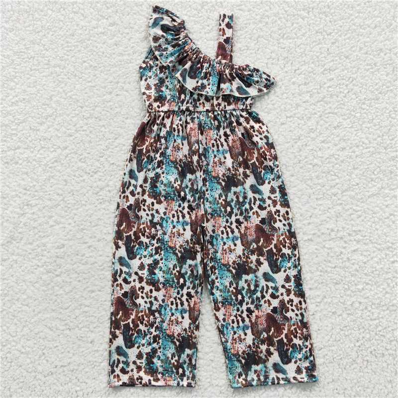 SR0366 Girl's ink print one-side sleeve onesie blue