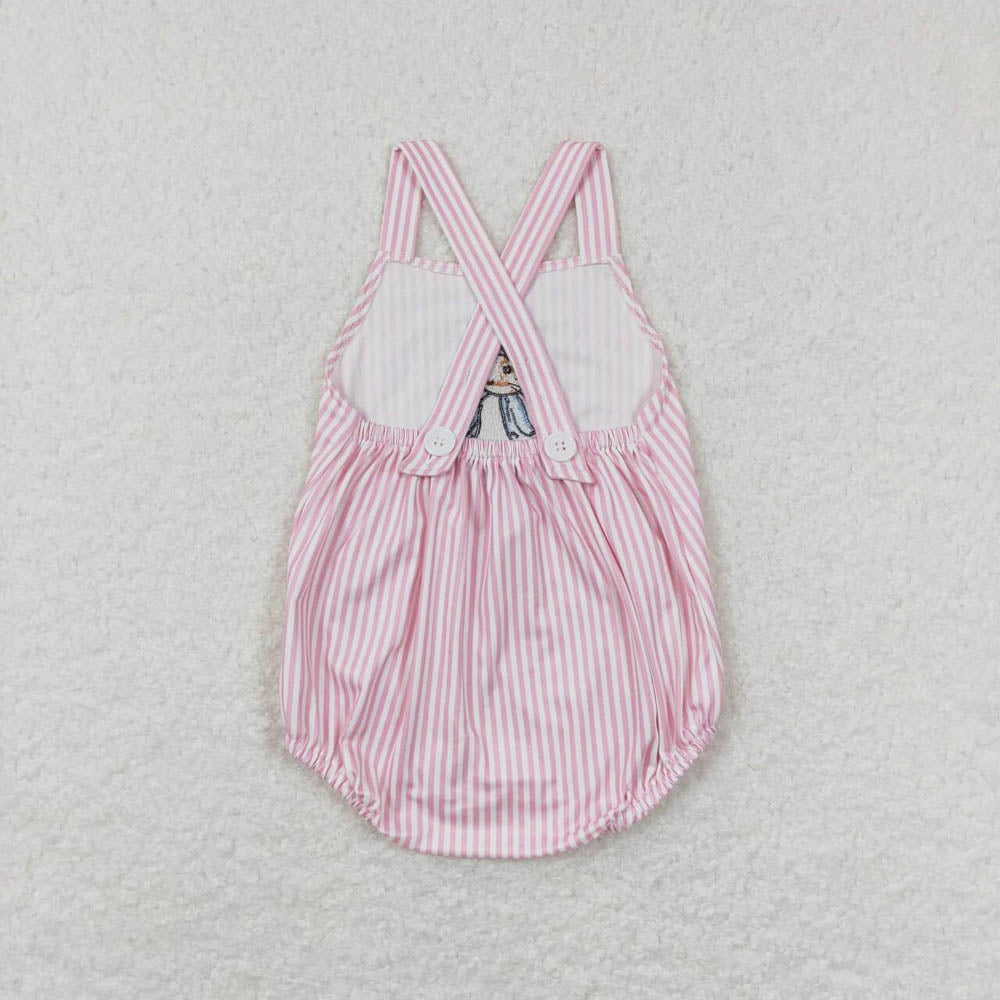 SR0462 Embroidered Pink and White Striped Rabbit Vest Jumpsuit