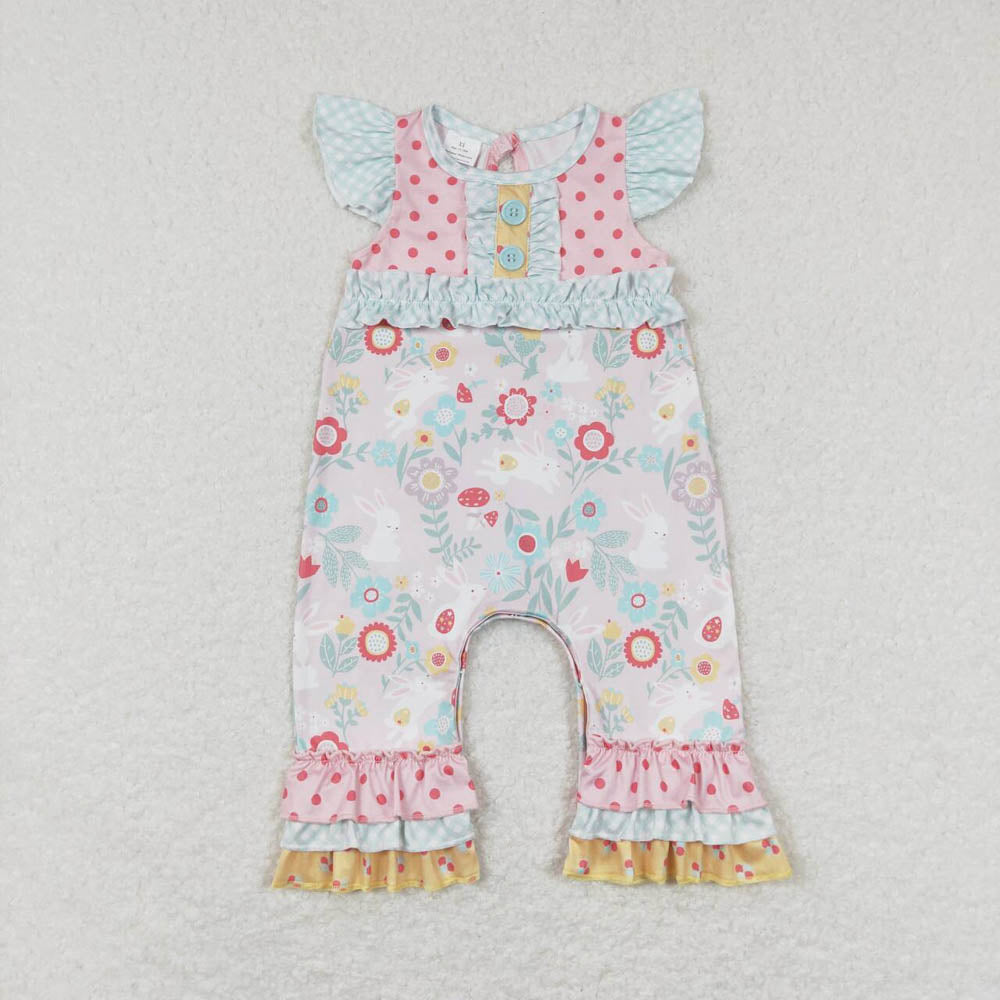 SR0466 Flower Rabbit Polka Dot Yellow Lace Short Sleeve Jumpsuit