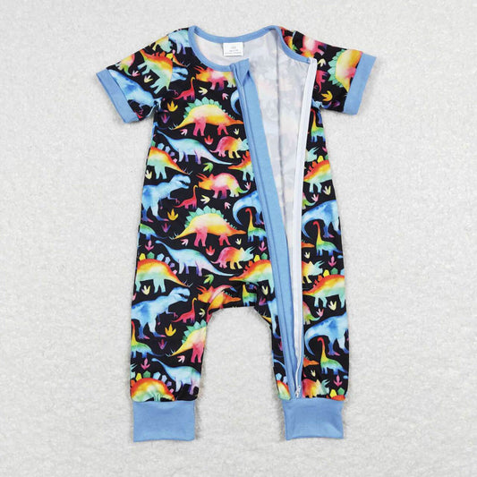 SR0506 Colorful Dinosaur Blue Black Zipper Short Sleeve Jumpsuit
