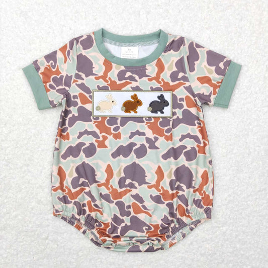 SR0508 Embroidered Baby Infant Boys Short Sleeve Easter Camo Rabbits Rompers