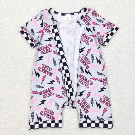 SR0562mama's girl lightning black and white checkered gray short sleeve zipper jumpsuit