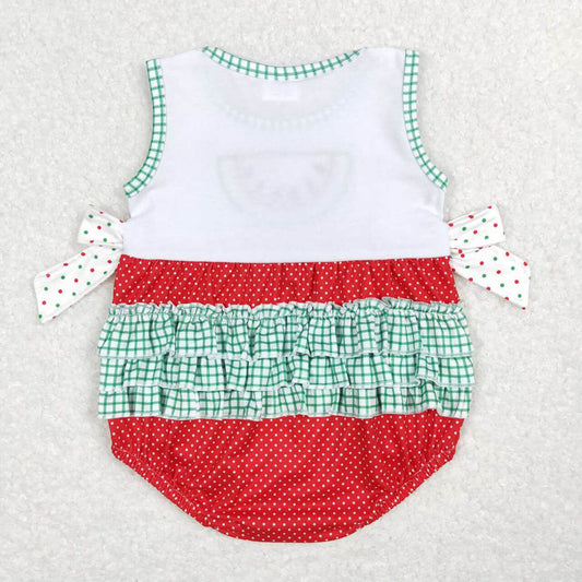 SR0593 Embroidery Watermelon Bow Dot Red and White Sleeveless Jumpsuit
