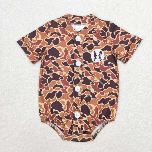 Embroidery Baseball Baby Boys Brown Camo Button Team Short Sleeve Shirts Tops Rompers C11.1