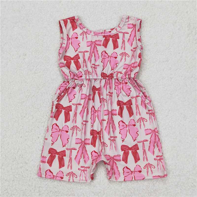 RTS SR2670 Baby Girls Pink Jumpsuits with Bows Sleeveless Pockets Cute Baby Girl Outfit