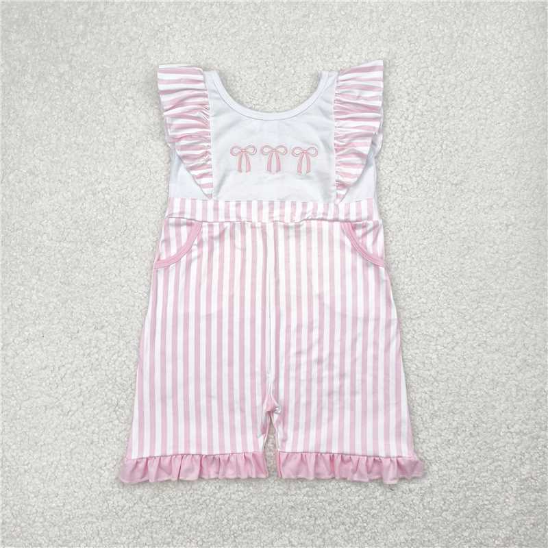 RTS SR3025 Pink Bows Embroidery Baby Girls Jumpsuits with Pockets Flutter Sleeves Cute Baby Girl Outfit