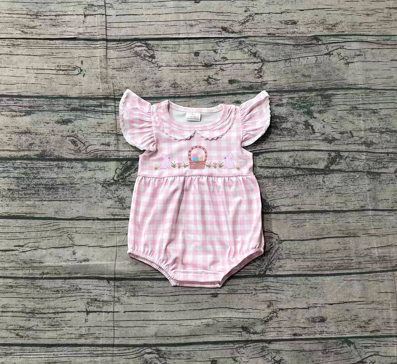 Sample SR3314 Cute Embroidery Rabbits Eggs Baby Girls Pink Checked Easter Ruffle Rompers