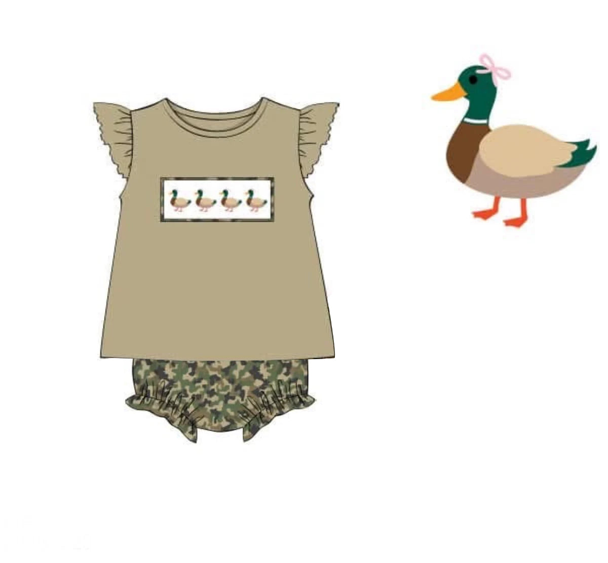 C11.15 SR3556 Baby Girls Ducks Bows Tunic Camo Bummies Hunting Rompers Preorder