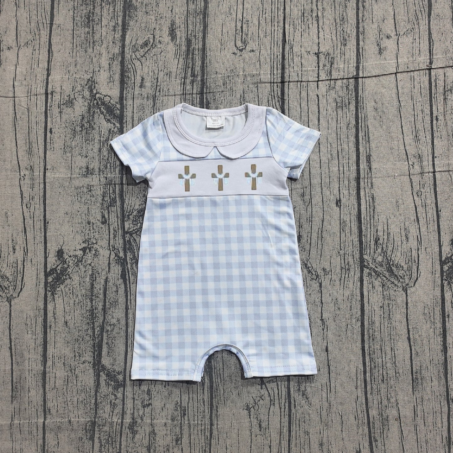 Sample SR3758 Cute Embroidery Crosses Baby Boys Blue Checked Easter Collar Rompers