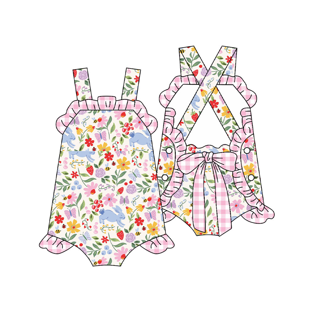 C12.10 SR3784 Baby Girls Strap Colorful Rabbit Flowers Back Bow Easter Ruffle Rompers Preorder