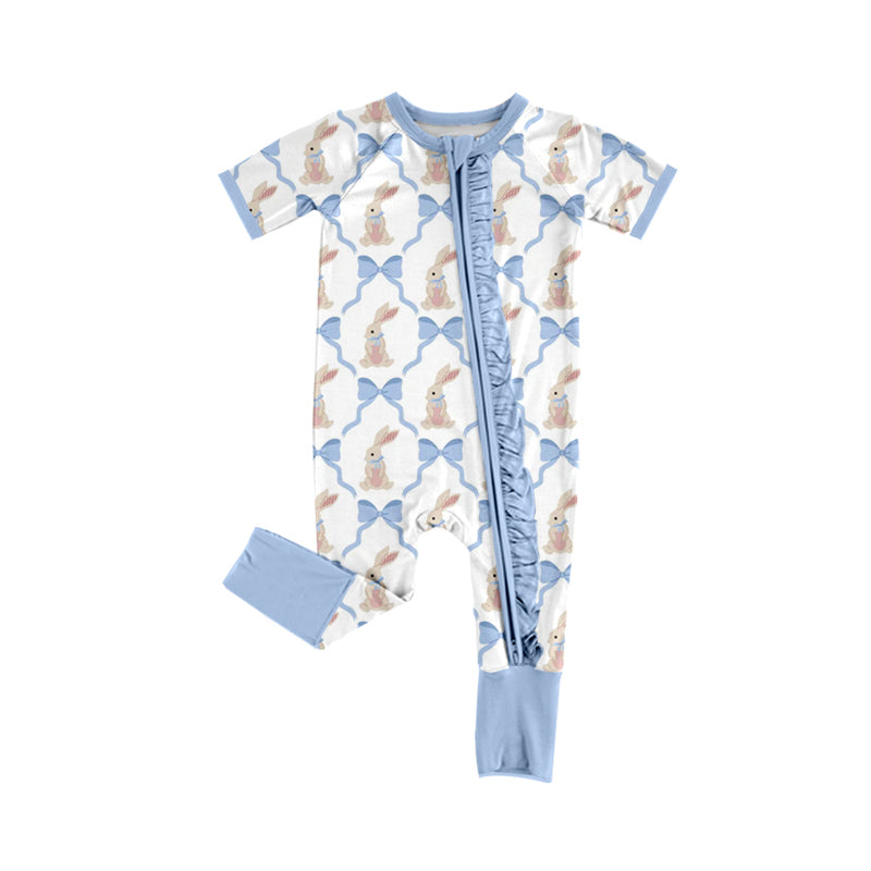 C12.13 SR3807 Baby Girls Bows Rabbits Checked Easter Two Way Ruffle Zip Convertible Rompers Preorde