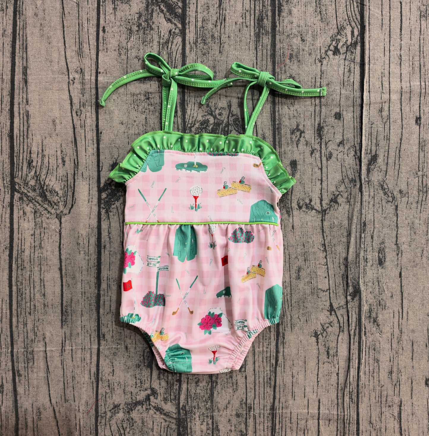 Sample SR3868 Cute Baby Girls Strap Pink Checked Golf Flags Ruffle Rompers
