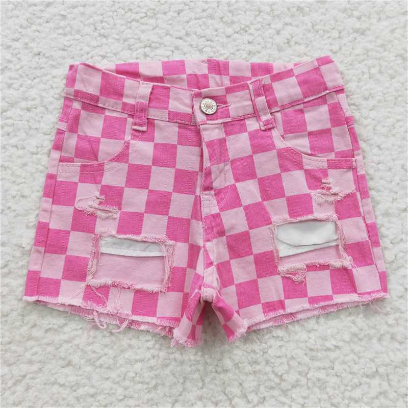 SS0092 Plaid Ripped Denim Shorts Pink