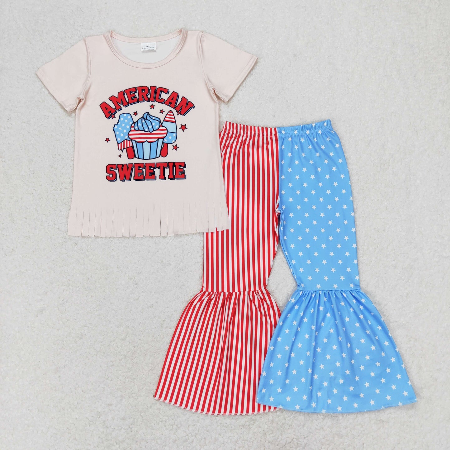SPO1485 4th of July Ice cream Cream Cake fringe short sleeve patchwork pants suit