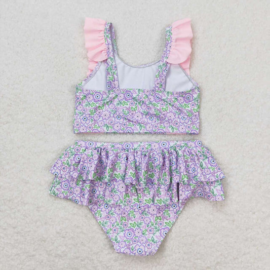 S0332 Pink purple floral lace bathing suit