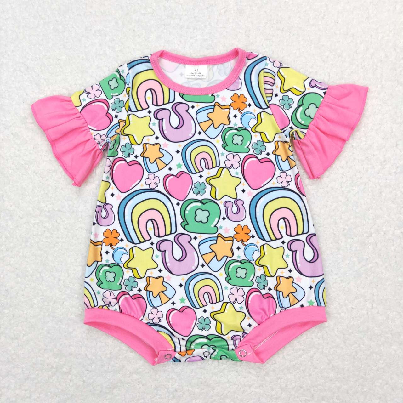 SR0552 Rainbow Stars Love Four-leaf Clover pink white short-sleeved onesie
