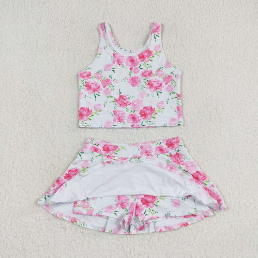 GSD0994 Baby Girls Summer Pink Flowers Top Skirts Active Wear Clothes Set