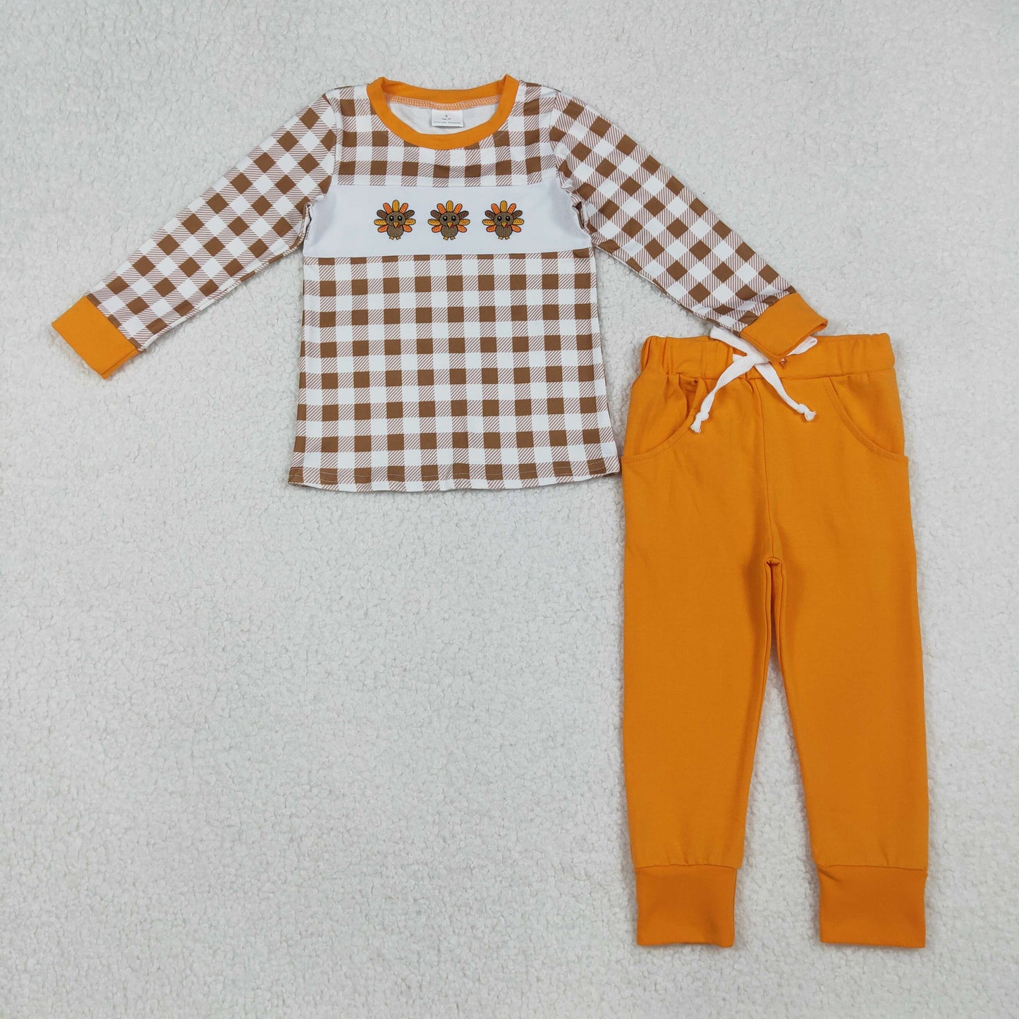 BLP1186 Embroidery Baby Boys Orange Plaid Long Sleeves Turkey Top Pockets Legging Pant Set C10.8