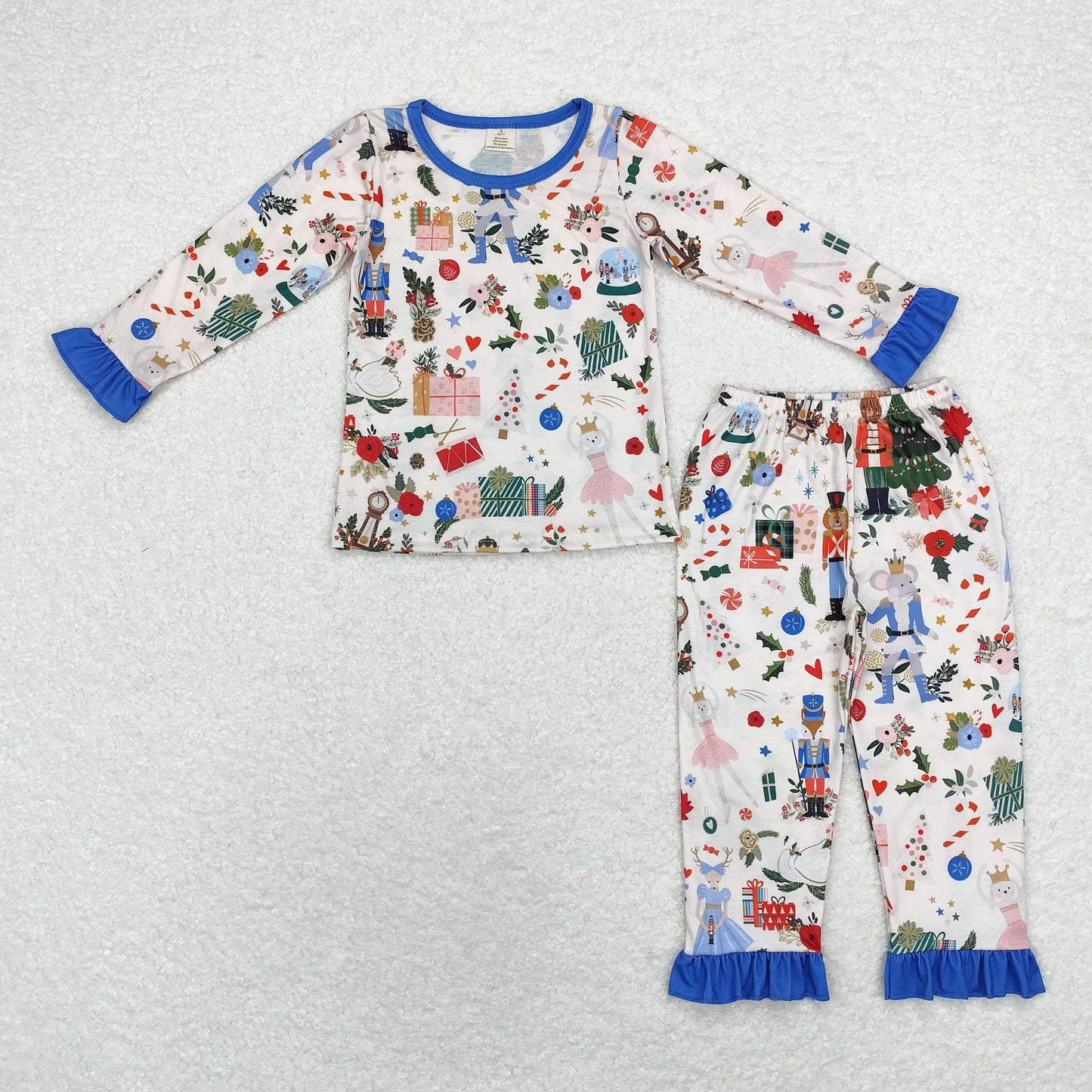 GLP1475 Bamboo Christmas Tree Blue Lace beige long sleeve pants pajamas set