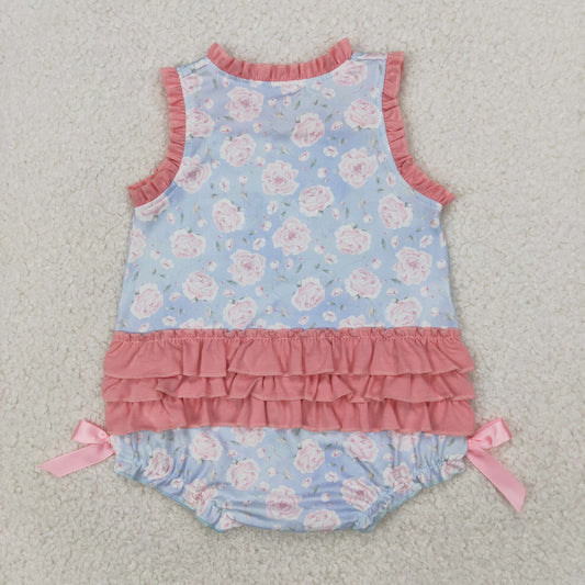 SR2911 Baby Infant Girls Pink Ruffle Sleeveless Little Sister Floral Romper