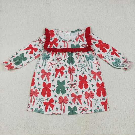 Sibling Baby Girls Green Red Bows Long Sleeves Christmas Knee Length Dresses C9.4