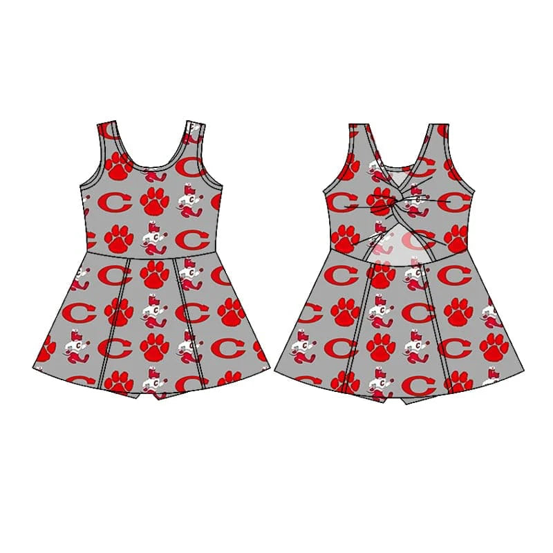 4.14 Custom Baby Girls Gray Sleeveless Red Pawl C Skort Knee Length Dress(MOQ 3)