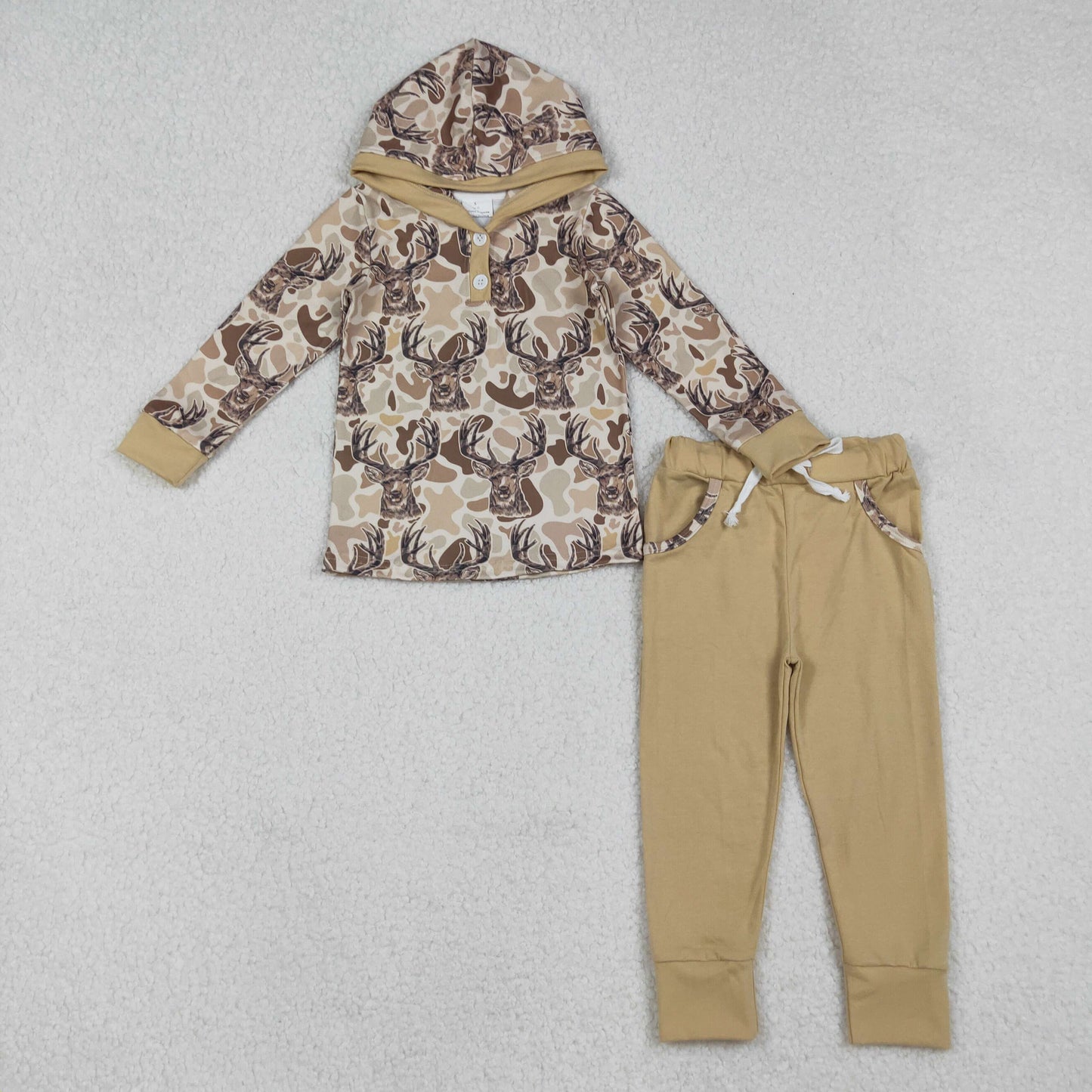 BLP1239 Baby Boys Khaki Camo Deer Button Hoodies Pockets Legging Western Set C10.8