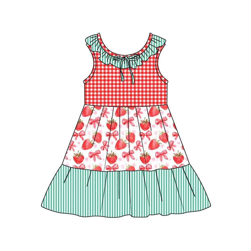 C12.11 Custom Moq 5 Baby Girls Collar Strawberry Checked Stripe Patchwork Knee Length Dresses