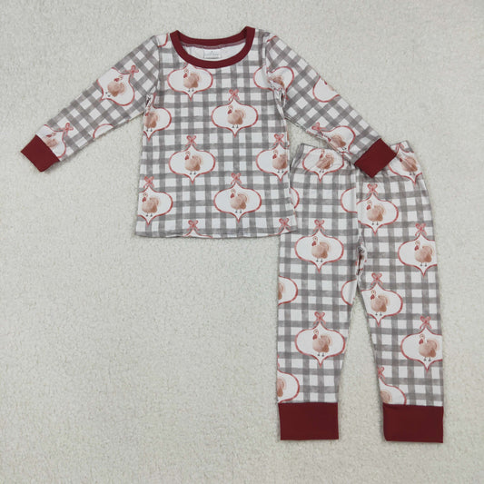 GLP2885 Baby Girls Green Checked Turkey Top Pant Thanksgiving Pajamas Set C10.8