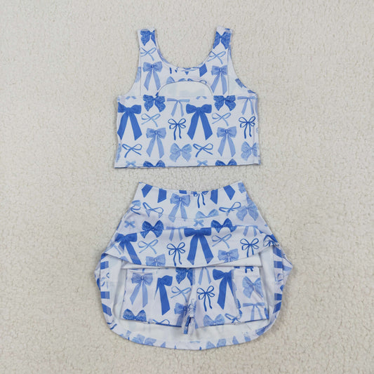 GSD2640 Baby Girls Sleeveless Blue Bows Plaid Vest Top Short Skirts Yoga Set 7.16