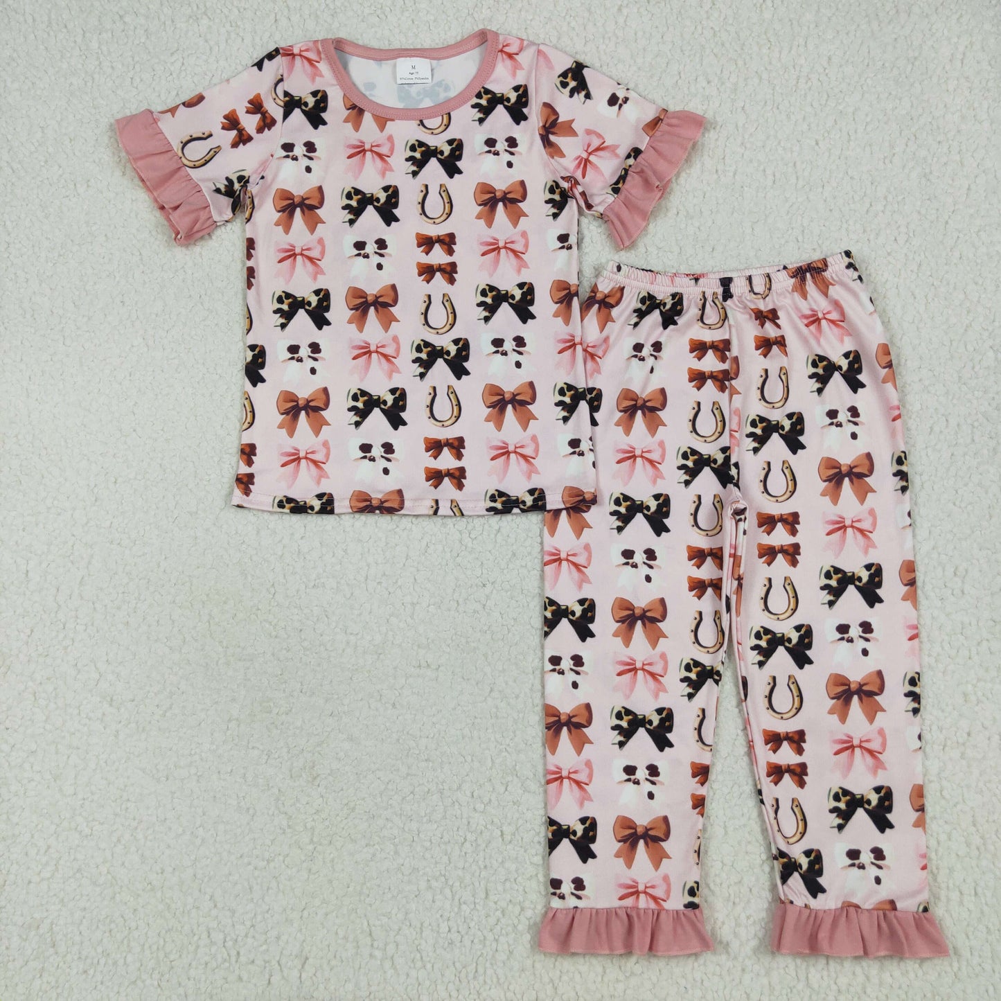 GSPO2035 Baby Girls Pink Short Ruffle Sleeves Bows Horse Shoes Top Pant Pajamas Set 6.9