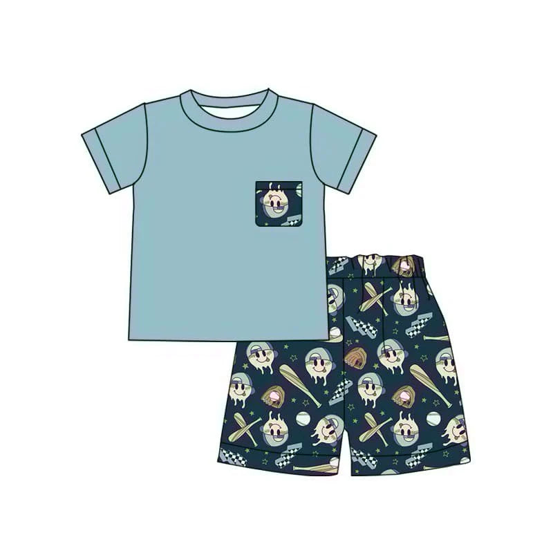 4.14 Custom Baby Boys Blue Short Sleeves Pocket Top Smiles Baseball Short Set (MOQ 3)