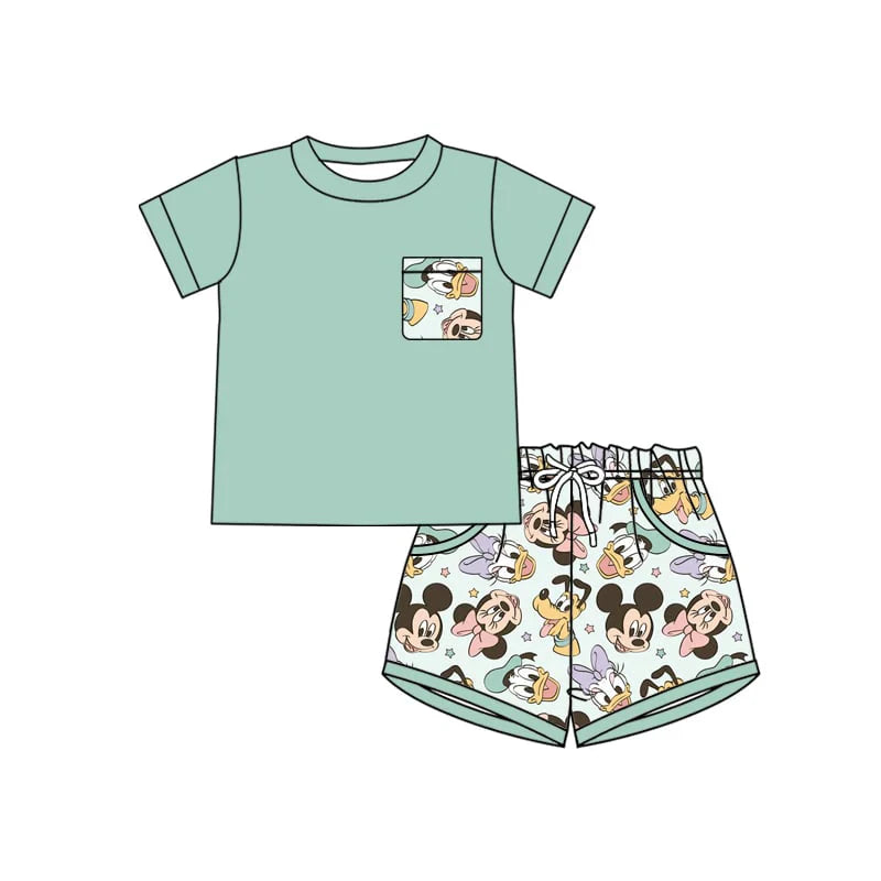 4.14 Custom Baby Boys Aqua Short Sleeves Pocket Top Cartoon Mouse Pockets Short Set (MOQ 3)