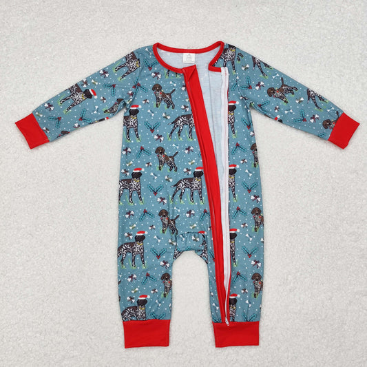 LR1768 Baby Infant Boys Christmas Dogs Zip Long Sleeve Romper