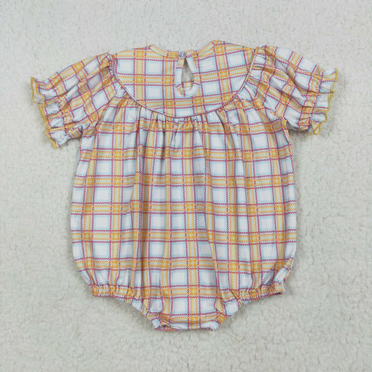 SR2982 Baby Infant Girls Orange Plaid Short Ruffle Sleeves Cows Pigs Farm Smocked Romper 7.10
