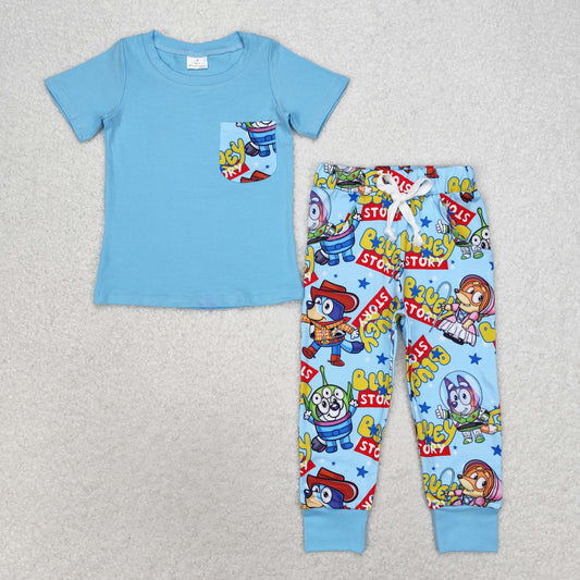 BSPO0375 Boys cartoon dog pocket blue short sleeve pant suit