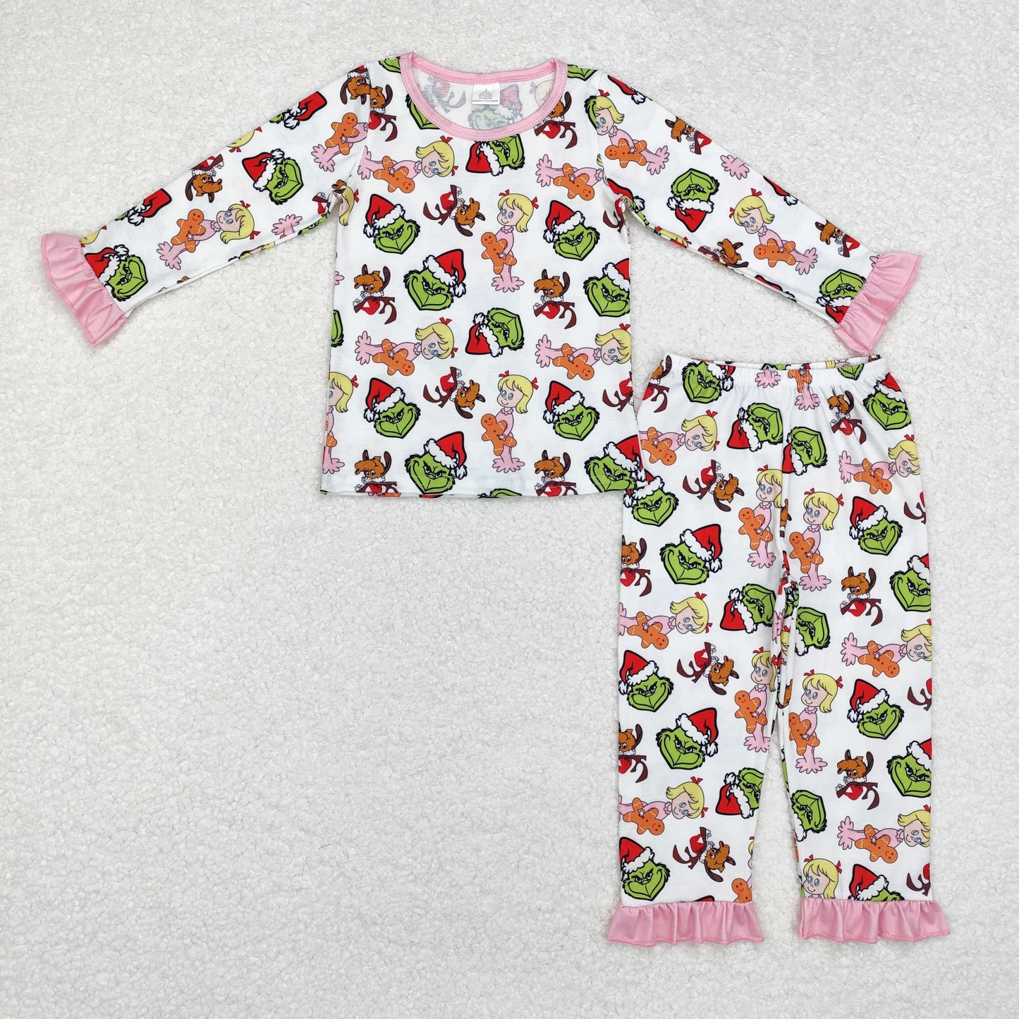 GLP1477 Bamboo Baby Girls Christmas Green Face Character Top Pants Pajamas Clothes Sets