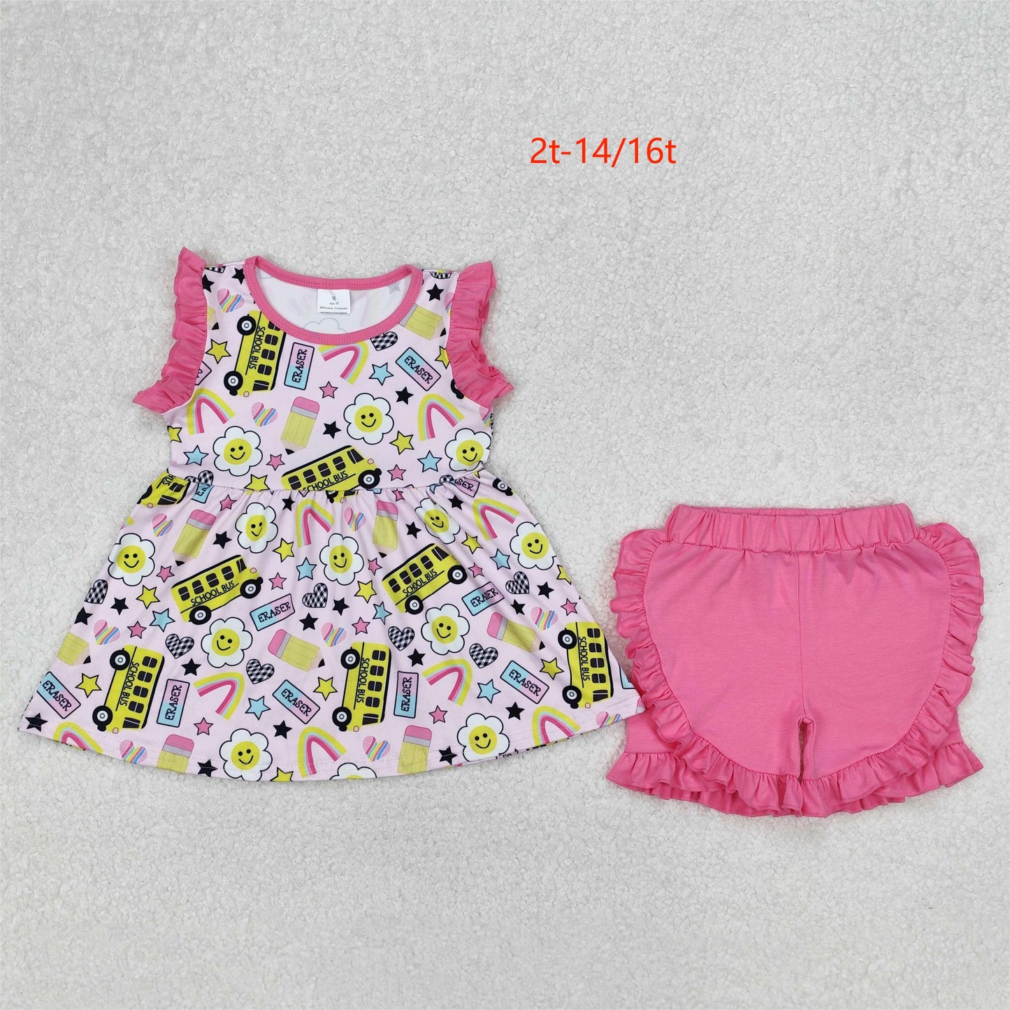 GSSO1912 Baby Girls Bus Back To School Tunic Ruffle Shorts Clothes Set