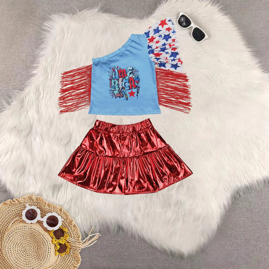 Sibling Baby Girls Short Sleeves Cow Stars Top Red Leather Skirts Western 4th Of July Sets 4.24