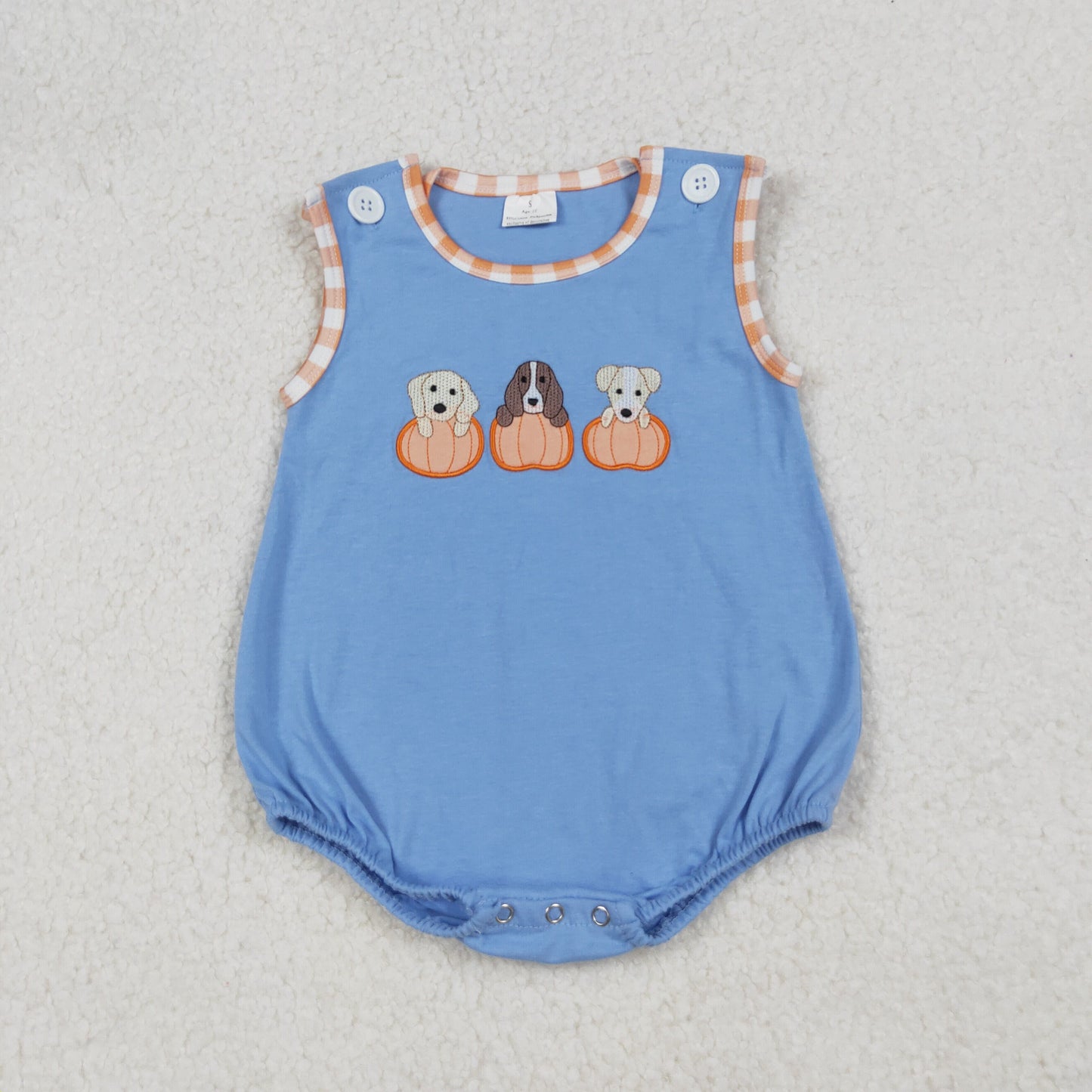 SR3190 Embroidery Baby Boys Blue Sleeveless Dogs Pumpkins Romper C9.17