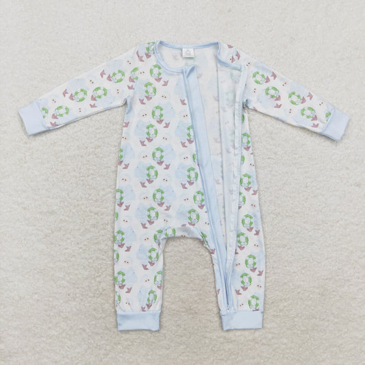 LR1148 Bamboo Christmas Blue Santa wreath zipper long sleeve onesie