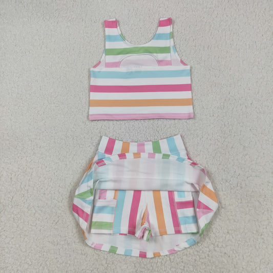 GSD2348 Baby Girls Sleeveless Colorful Stripes Top Skort Yoga Set 5.12