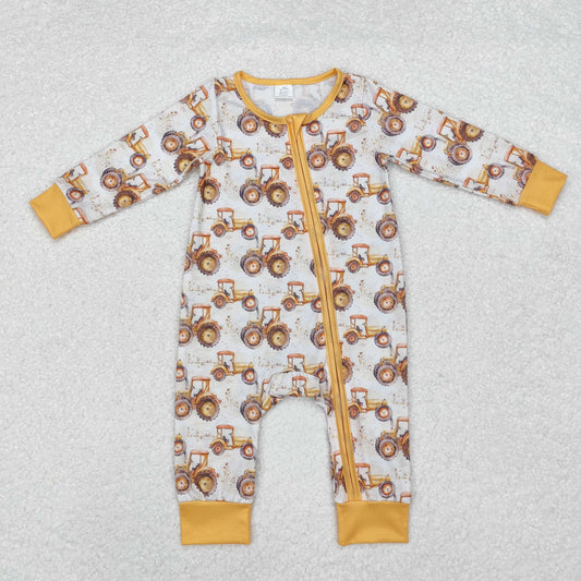 Baby Boys Yellow Tractors Sibling Bamboo Rompers Pajamas Clothes Sets