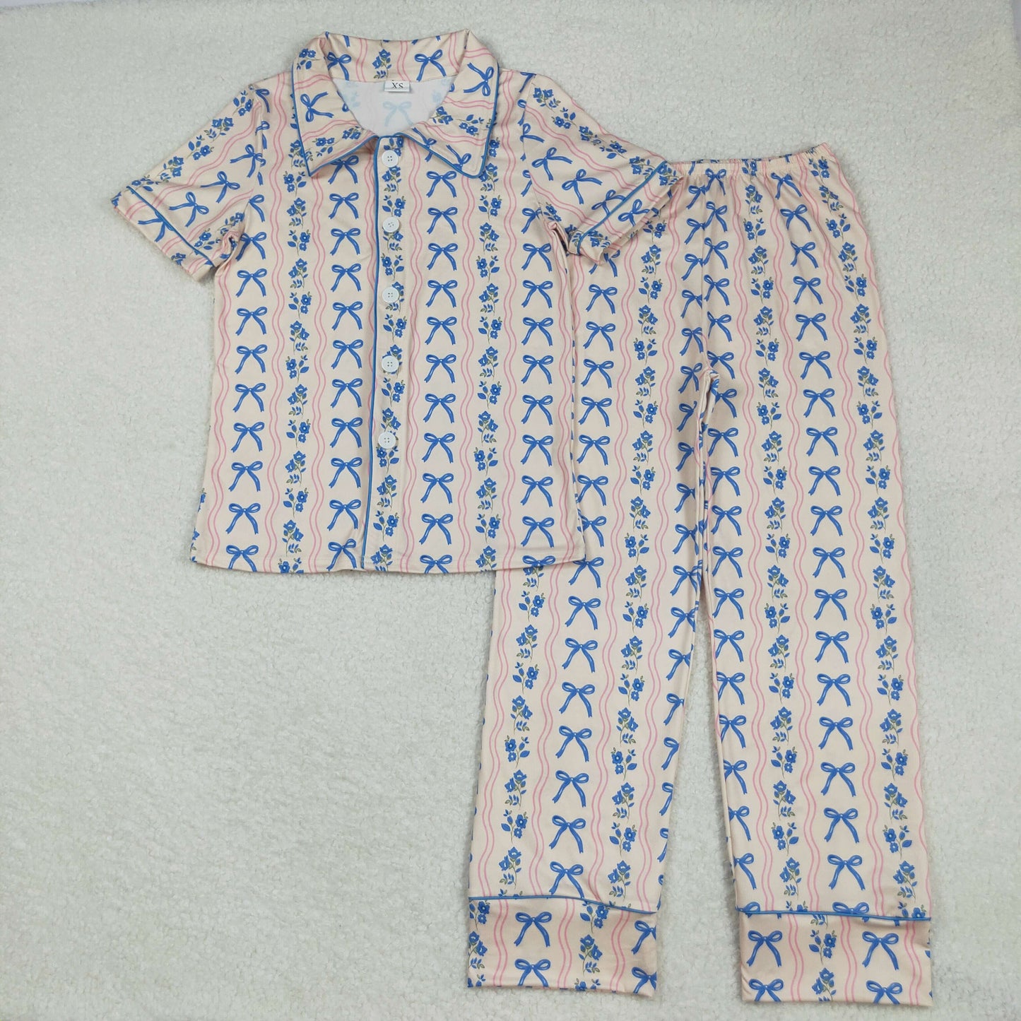 GSPO2051 Adult Women Blue Bows Flowers Stripe Button Top Pant Pajamas Set 7.31
